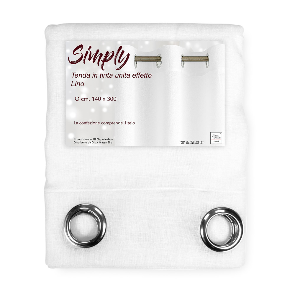 Tenda Simply Effetto Lino 140x300 cm Bianco - Tinta Unita Semitrasparente - Poliestere con Anelli - Stile Moderno